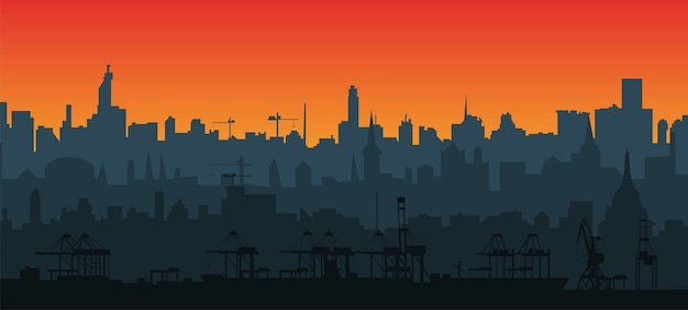 City skyline silhouette in a flat style at sunset. layers for parallax. modern cityscape. cargo port with cranes. vector eps10.