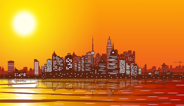 Vector city skyline silhouette at sunset.