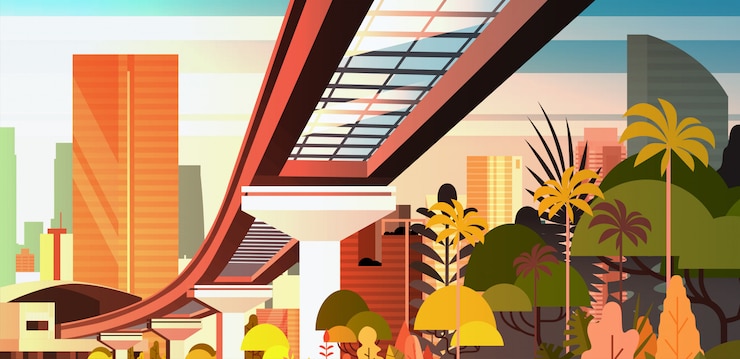 Vector city skyline on sunset with modern skyscrapers and railway road cityscape view