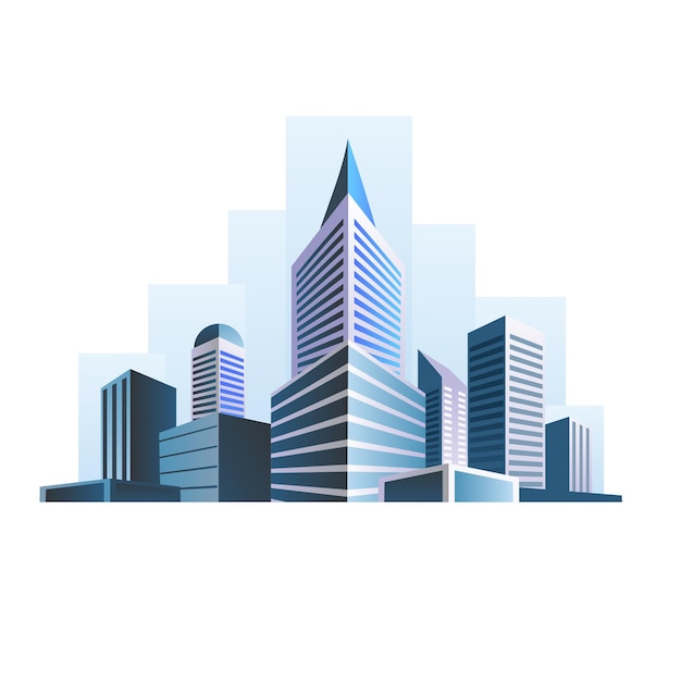 a city skyline with a blue and white image of a city office building group with 2 point perspective
