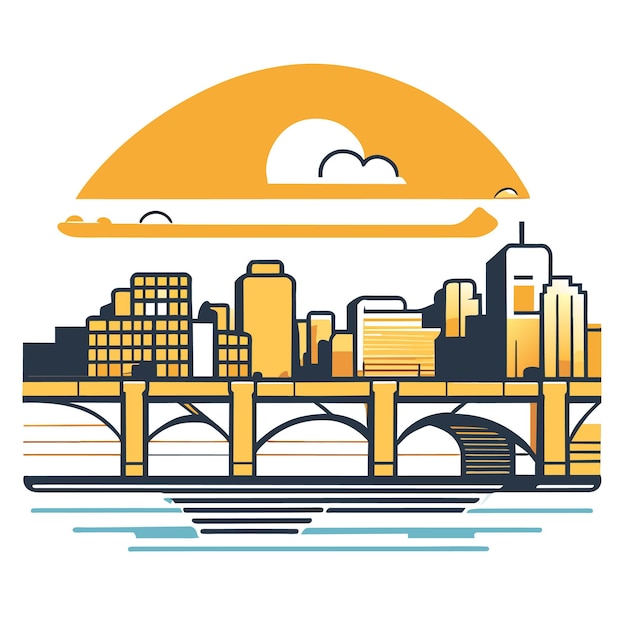 Vector city skyline with buildings and bridge above lake or river at sunset