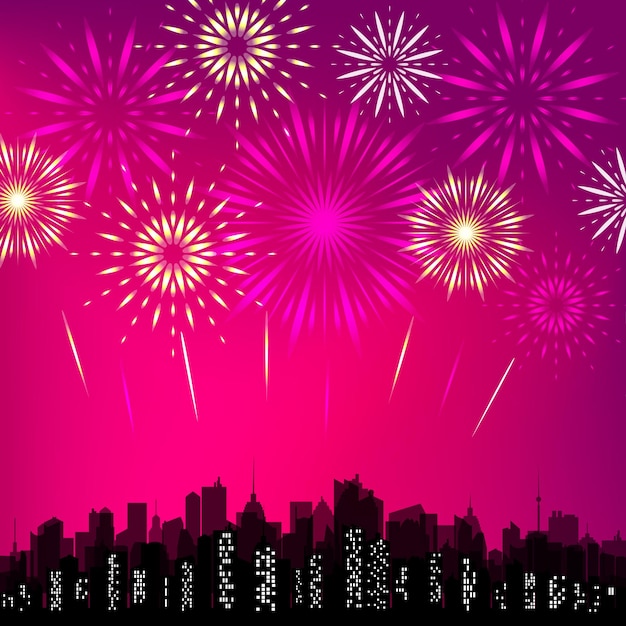 City skyline with festive fireworks Glowing light over the city Vector holiday cityscape background