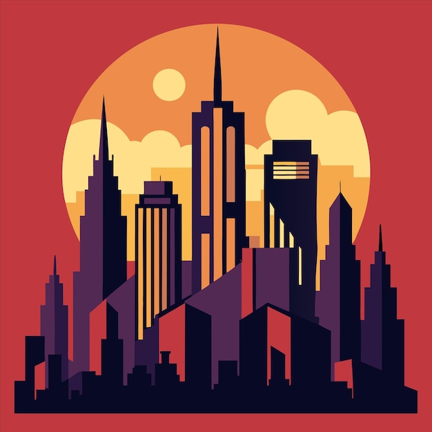 a city skyline with a red and orange moon in the background