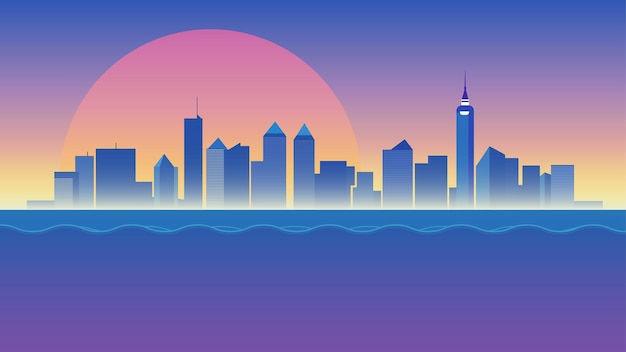 city skyline with a sunset in the background and a large body of water in front