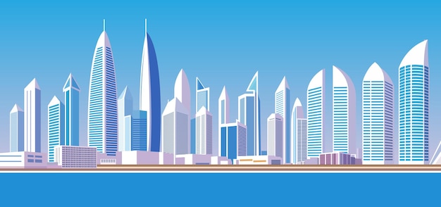 Vector city skyline with tall buildings and a body of water in front of it with a blue sky