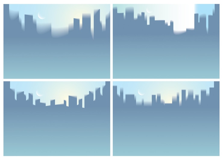Vector city skyscrapers silhouettes skyline vector illustrations set. perfect minimal horizontal a4 backgrounds with copy space for text.