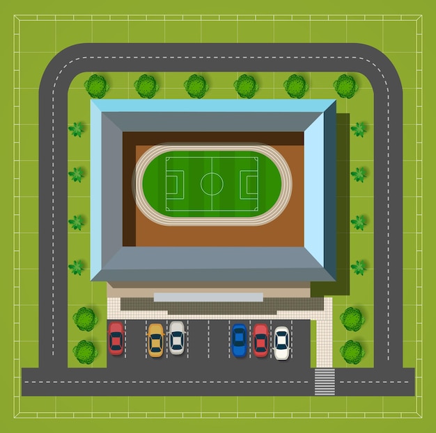車や木の上面図のある高速道路のあるシティスタジアム