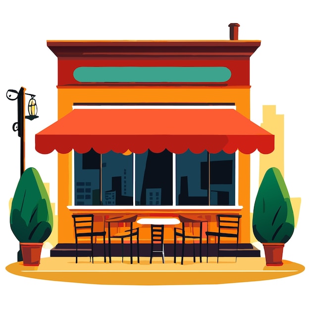 Vector city street cafe with tables and chairs on park alley vector cartoon illustration