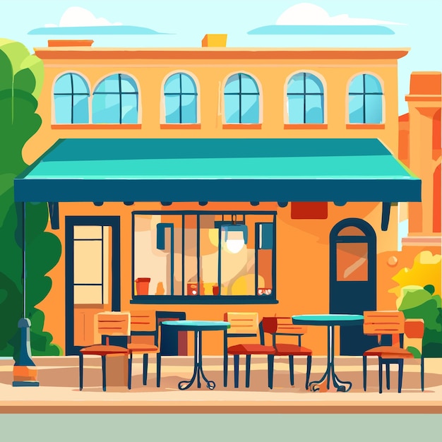 街のカフェでテーブルと椅子が並んでおり公園の小道のベクトル漫画のイラストが描かれています