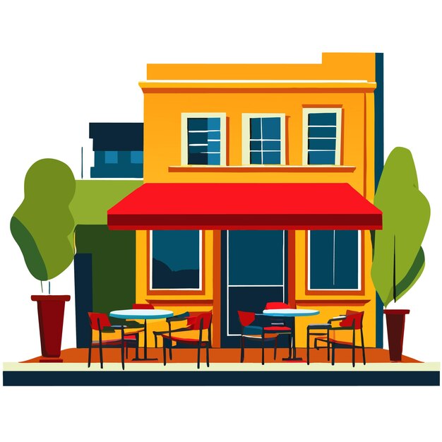 Vector city street cafe with tables and chairs on park alley vector cartoon illustration