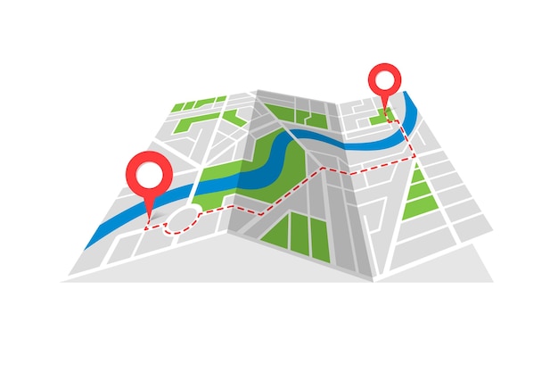 Mappa piegata della cartografia stradale della città con perni di posizione gps e percorso rosso di navigazione tra i marcatori di punti. trovare l'illustrazione isometrica di vista di prospettiva di vettore di concetto di direzione del percorso di modo