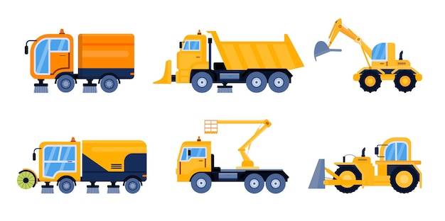 City street cleaning equipment Modern street sweeper truck industrial vehicle for road service Urban machinery snowplough crane and asphalt cleaner vehicles isolated vector set