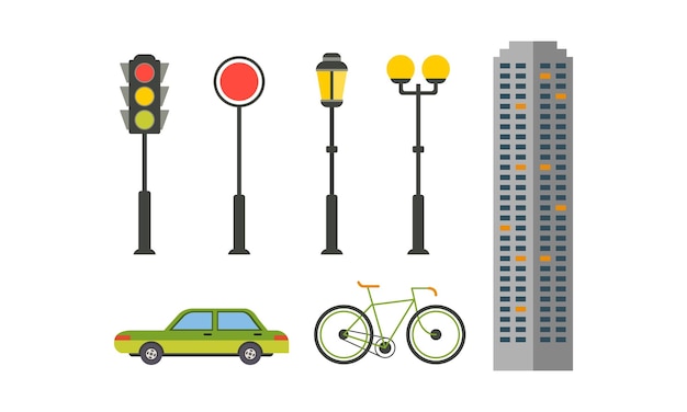 Элементы городской улицы устанавливают объекты городской инфраструктуры фонарь светофор велосипед автомобиль небоскреб векторная иллюстрация изолирована на белом фоне