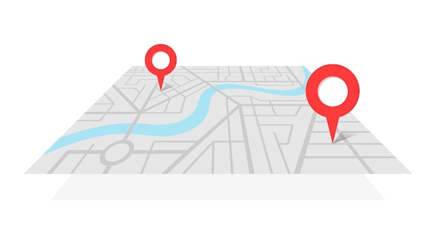 City street map plan with GPS place pins and navigation route from A to B point markers. Vector gray color perspective view isometric illustration location schema