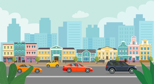 City street panoramic. Buildings and cars. Vector illustration.