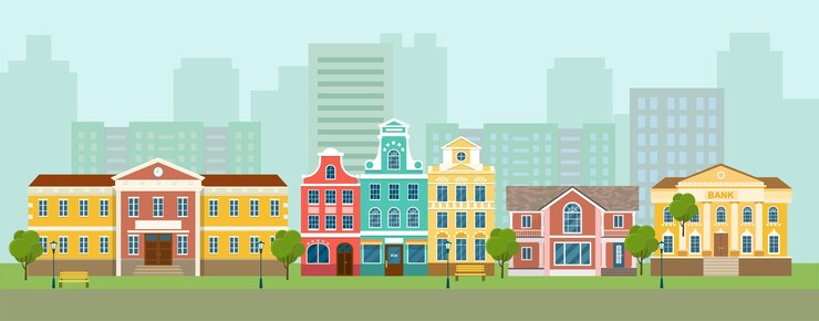 Vector 街の通りのパノラマ。都市生活は建物を設定しました。ベクトルフラットスタイルのイラスト。