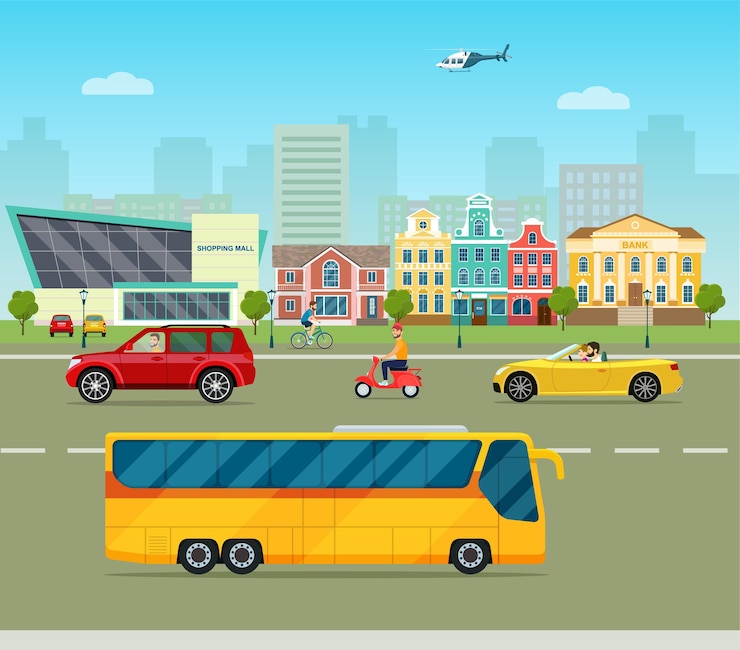 Vector city street panoramic city life set  vector flat style illustration