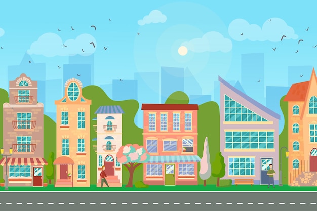 City street Panoramic cityscape with bright houses walking pedestrians flowering trees Shop and stores Spring city Vector illustration in cartoon style