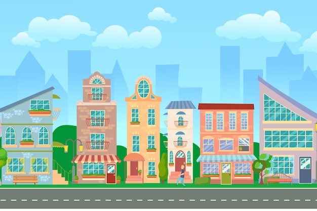 City street Panoramic cityscape with bright houses walking pedestrians Shop and stores Summer city Vector illustration in cartoon style