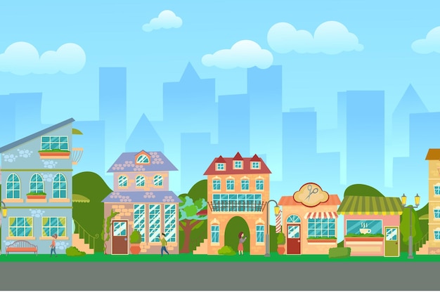 City street Panoramic cityscape with bright houses walking pedestrians Shop and stores Summer city Vector illustration in cartoon style