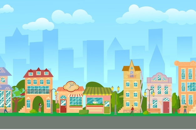 Vector city street panoramic cityscape with bright houses walking pedestrians shop and stores summer city vector illustration in cartoon style