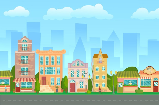 Vector city street panoramic cityscape with bright houses walking pedestrians shop and stores summer city vector illustration in cartoon style