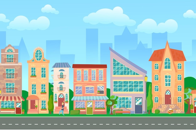 City street Panoramic cityscape with bright houses walking pedestrians Shop and stores Summer city Vector illustration in cartoon style