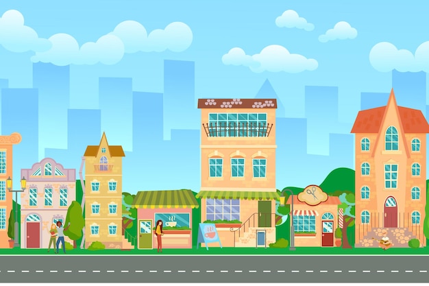 City street panoramic cityscape with bright houses walking pedestrians shop and stores summer city vector illustration in cartoon style