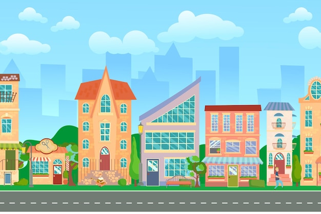 Vector city street panoramic cityscape with bright houses walking pedestrians shop and stores summer city vector illustration in cartoon style