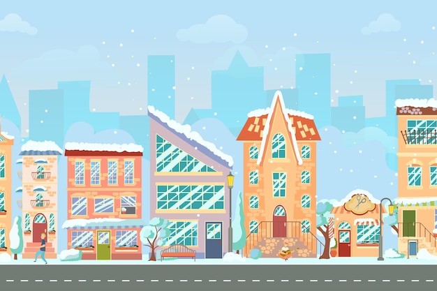 Strada della città paesaggio urbano panoramico con case luminose che camminano pedoni neve negozio e negozi città invernale illustrazione vettoriale in stile cartone animato