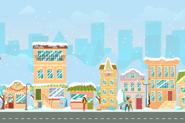 City street Panoramic cityscape with bright houses walking pedestrians snow Shop and stores Winter city Vector illustration in cartoon style