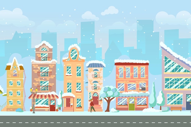 Vector city street panoramic cityscape with bright houses walking pedestrians snow shop and stores winter city vector illustration in cartoon style