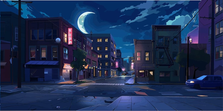 Vector city street view illustration at night