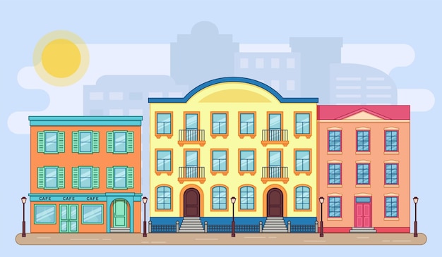 City street with buildings. Vector.