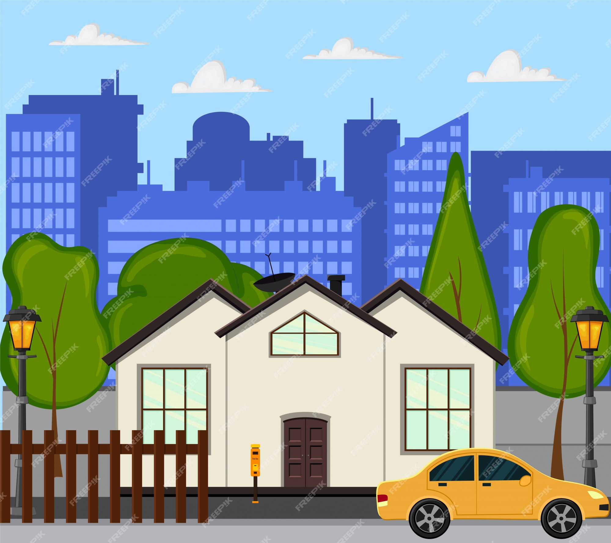 Premium Vector | City street with a new one-story house. cartoon style. illustration. Premium Vector | City street with a new one-story house. cartoon style. illustration.