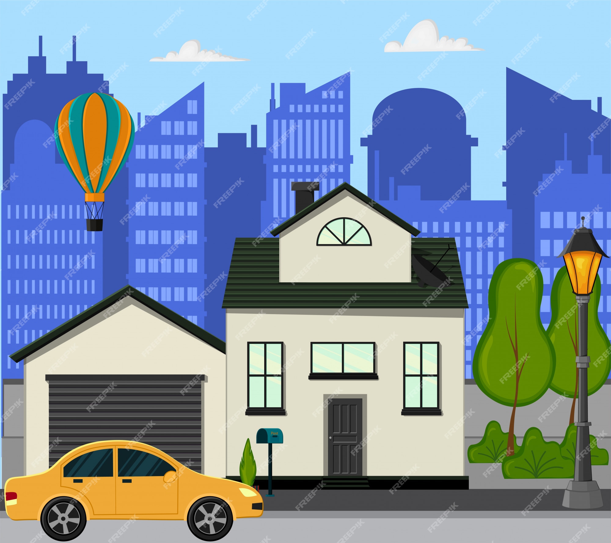 Premium Vector | City street with a new one-story house. cartoon style.  vector illustration