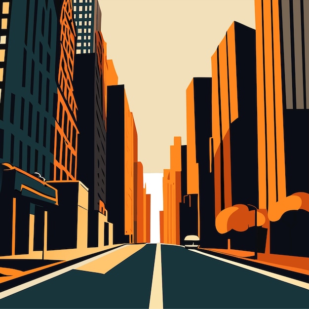 Vector city street with road at early morning driveway and beautiful skyscrapers city building scenes