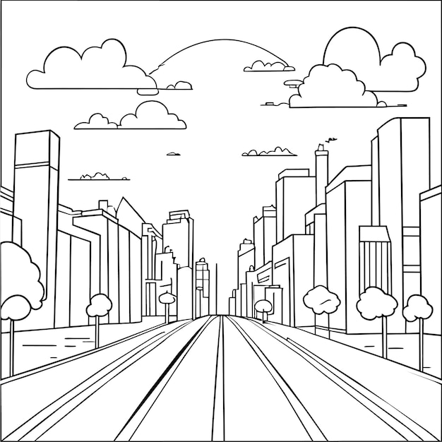 Vector city street with road at early morning driveway and beautiful skyscrapers city building scenes