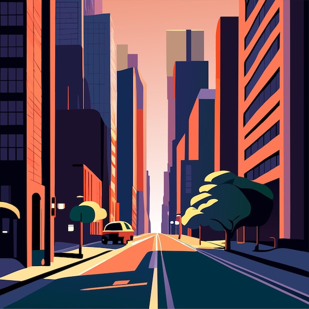 Vector city street with road at early morning driveway and beautiful skyscrapers city building scenes