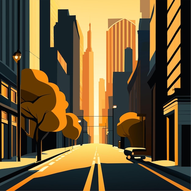 Vector city street with road at early morning driveway and beautiful skyscrapers city building scenes