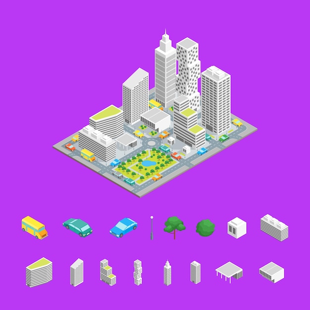 Vector city streets and elements isometric view architecture modern district for map plan on a background vector illustration of street