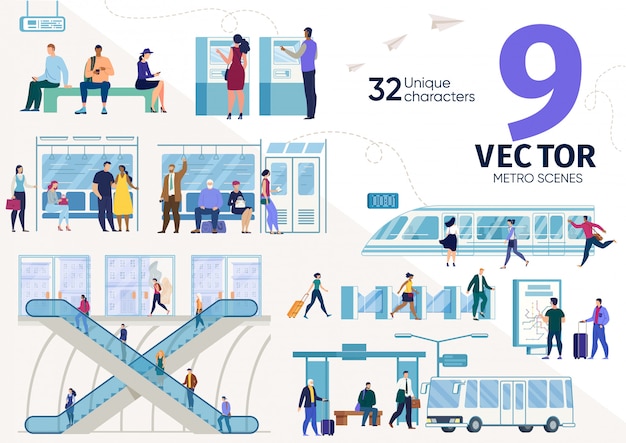 Vector city subway passengers flat  scenes set