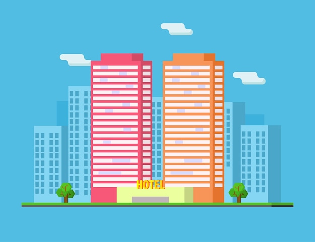 City Summer Landscape with Skyscrapers and Hotel Buildings Vector Illustration in Flat Style