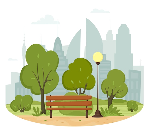 Vector city summer park concept with trees and bushes, park bench, walkway, lantern and city silhouette