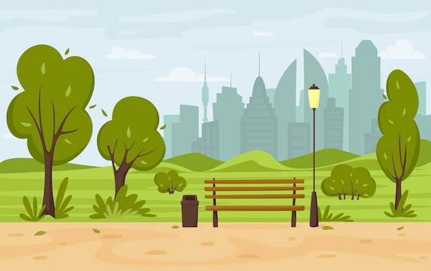 Premium Vector | City summer park with trees and bushes, park bench ...