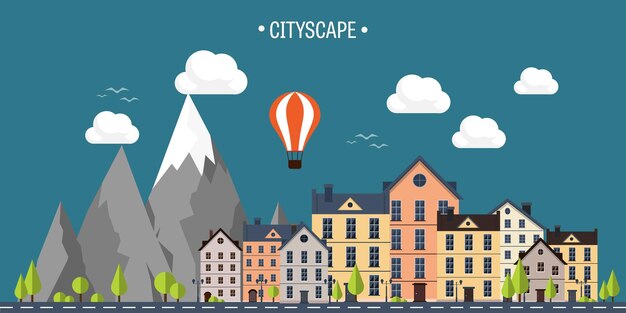 Vector city in summer urban landscape with mountains town mountain peak snow house in village weather