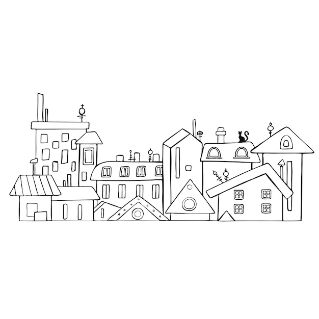 Город Город и сельская местность Иллюстрация в линейном стиле здания небоскреб церковь фабрика сарай Тонкая линия искусства Высококачественная иллюстрация