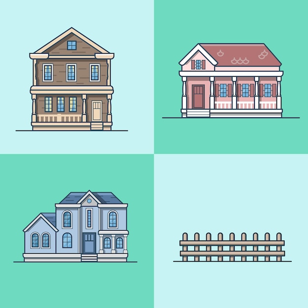 City town house architecture object building set. linear stroke outline flat style  icons. multicolor icon collection.