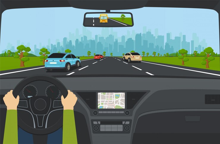 Vector city traffic on the highway with car dashboard and panoramic view on modern city with skyscrapers and suburbs on background mountains, hills. road with cars leading to city.