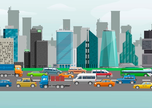 交通車線の都市車輸送の都市交通通りベクトルイラスト。カーシェアリングやカーナビゲーション用の都市景観の建物や通りのデザイン。
